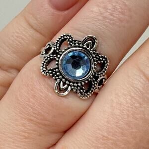 Vintage Style Boho Faux Aquamarine Beaded Cut Out Silver Tone Ring NEW